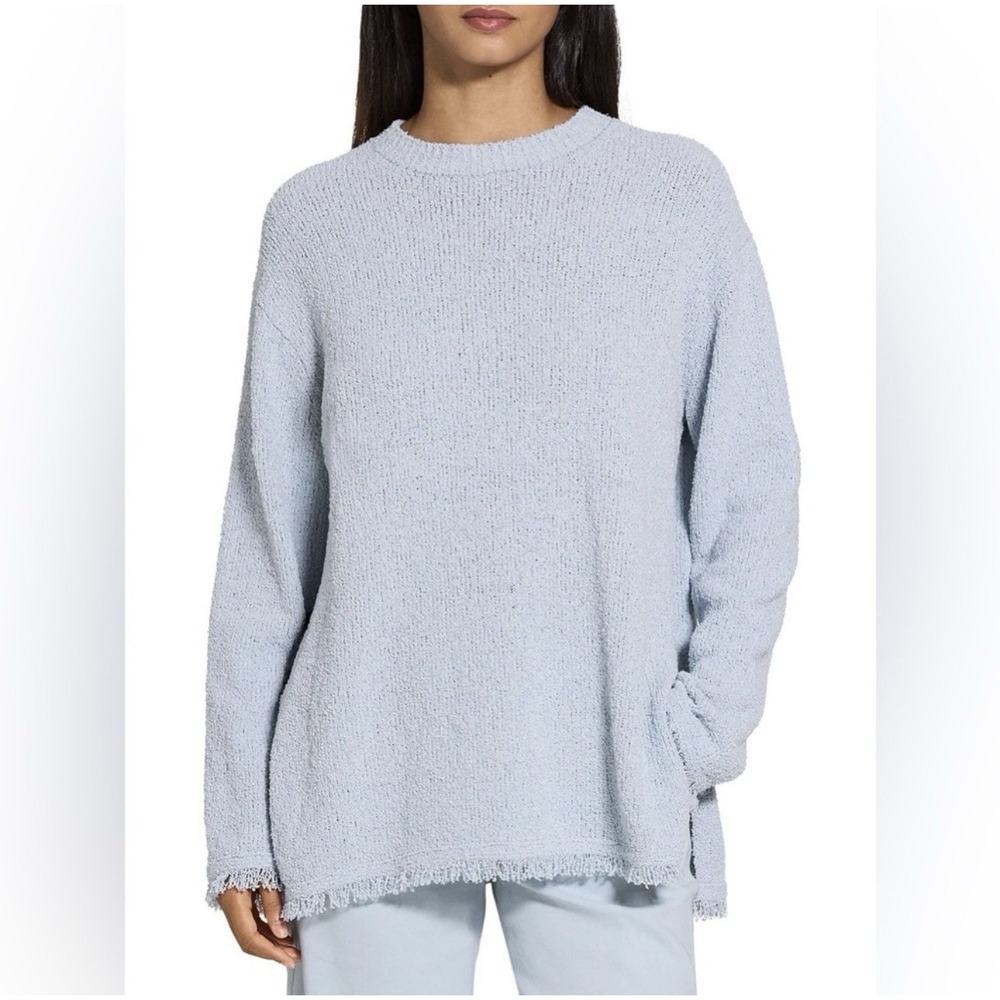 Theory Womens M Relaxed Terry Boucle Sweater Frayed Hem Pearl Blue Quiet Luxury